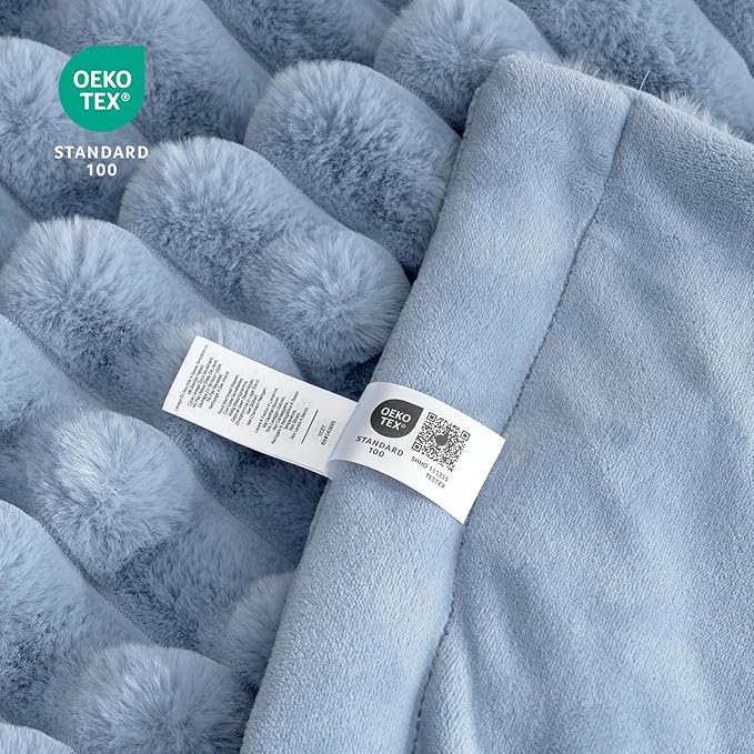Cozy Bliss Faux Fur Throw Blanket for Couch, Cozy Warm Plush Striped Blanket for Sofa Bedroom Living Room, 90 * 90 Inches Light Blue