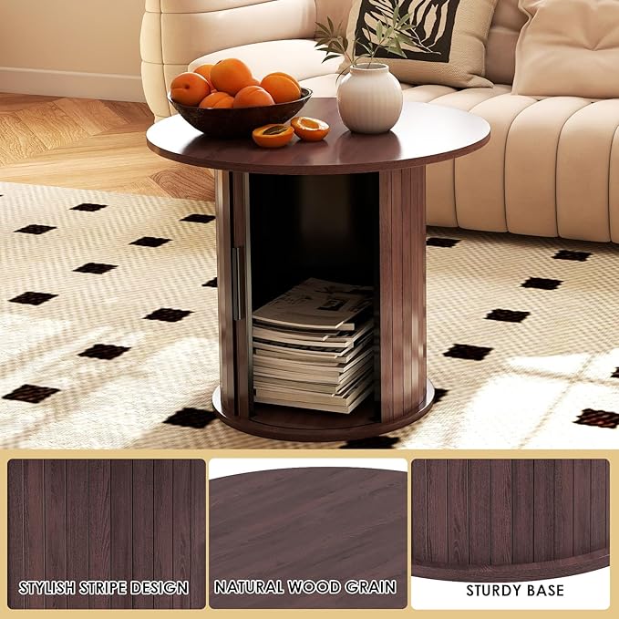 Round Wood Coffee Table 23.6IN with Hidden Storage & Sliding Door, Circle Farmhouse Side Table Sets for Living Room, Bedroom, Balcony, Small Spaces, Walnut