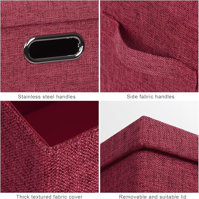 Large 17" 36 Quart Collapsible Stackable Storage Bins with Lids, 3 Packs Bright Red Linen Fabric Closet Boxes with Lids, Storage Cube Baskets Container Organizers for Office (17x12x11)