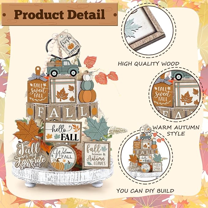 21 Pcs Fall Tiered Tray Decoration Set Thanksgiving Table Sign Pumpkins Farmhouse Decor Gnome Maple Leaves Centerpieces Harvest Wood Blocks Signs Fall Block Tabletop for Autumn(Classic)