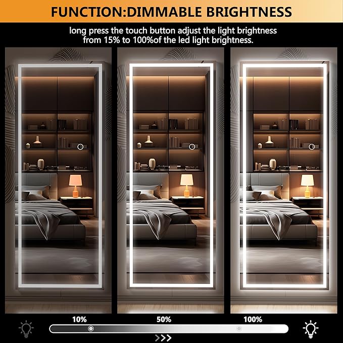 Hasipu LED Over Door Mirror Full Length, 44" x 15.8" Lighted Full Body Wall Mounted Mirror, Light Up Long Dressing Mirror, Square Black