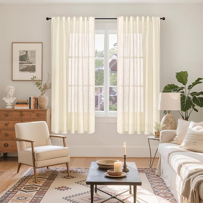 YoungsTex Beige Linen Curtains for Living Room 42 X 63 Inch Length, Cream Semi Sheer Window Drapes Light Filtering Rustic with Rod Pocket Back Tab for Bedroom, 2 Panels