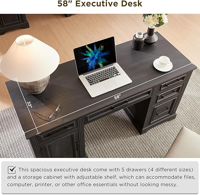 JXQTLINGMU 58 Inch Large Computer Desk with Drawers, Embossed Texture Home Office Desk, Workspace for Work Study Writing, Black