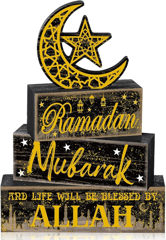 4 Pcs Ramadan Mubarak Table Decor Wooden Eid Mubarak Tabletop Signs for Home Black and Gold Muslim Islam Ramadan Mubarak Centerpiece for Islamic Gifts Kareem Home Table Decor