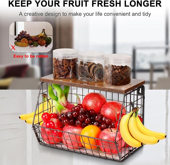 Livabber Fruit Basket for Kitchen, Metal Fruit Vegetable Storage Bin with 2 Banana Hangers, Countertop Wire Basket Organizer for Snack Potato Onion, Screw Mounted or Stand (Black, 1 Pack)