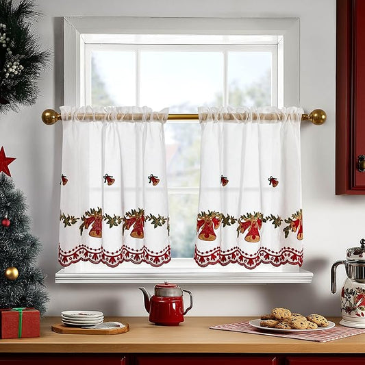 Deconovo Christmas Kitchen Tier Curtains, Embroidered Cafe Tiers, Semi Sheer Window Treatment with Rod Pocket, Light Filtering for Small Windows, Door & Sink Areas, 28W x 24L, Golden Bell, 2 Panels
