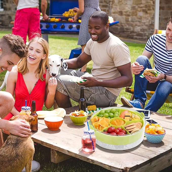 Fruit Ice Divided Serving Tray with Lid and Handle,Chilled Veggie Tray,Shrimp Cocktail Serving Dish,Ideal Cold Chilled Serving Platter for Parties,for Vegetables,Appetizer,Salads,Picnic,Road Travel