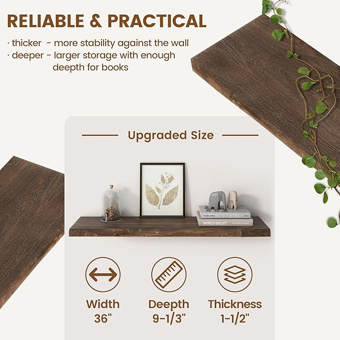 Rustic Elm Wood Floating Shelves for Wall, Live Edge 36"W x 9.2"D x 1.4"H, Set of 2 with Invisible Bracket, Wall Mounted Storage Shelves for Living Room Bedroom Kitchen Bathroom Decor, Walnut Finish