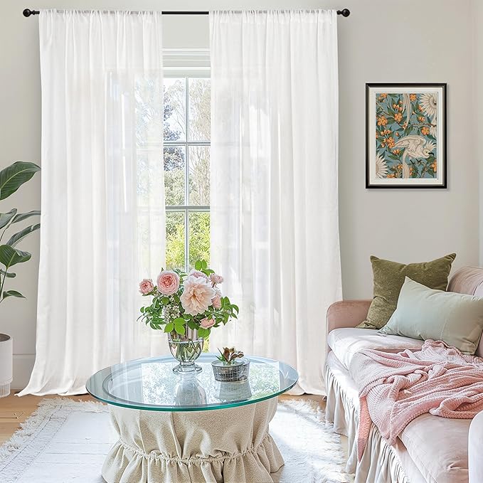 BGment White Linen Curtains 96 Inches Long for Living Room - Semi Sheer Light Filtering Drapes with Rod Pocket for Bedroom Floor Length Lightweight Rustic Window Treatments, 2 Panels Set, 52 X 96 Inch