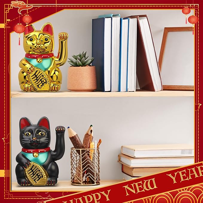 2 Pcs 7 Inch Lucky Cat Waving Arm Maneki Neko Lucky Fortune Cat Fengshui Welcoming Decoration for Home Office Restaurant Shop Gifts Decor Battery Operated (Battery Not Included)
