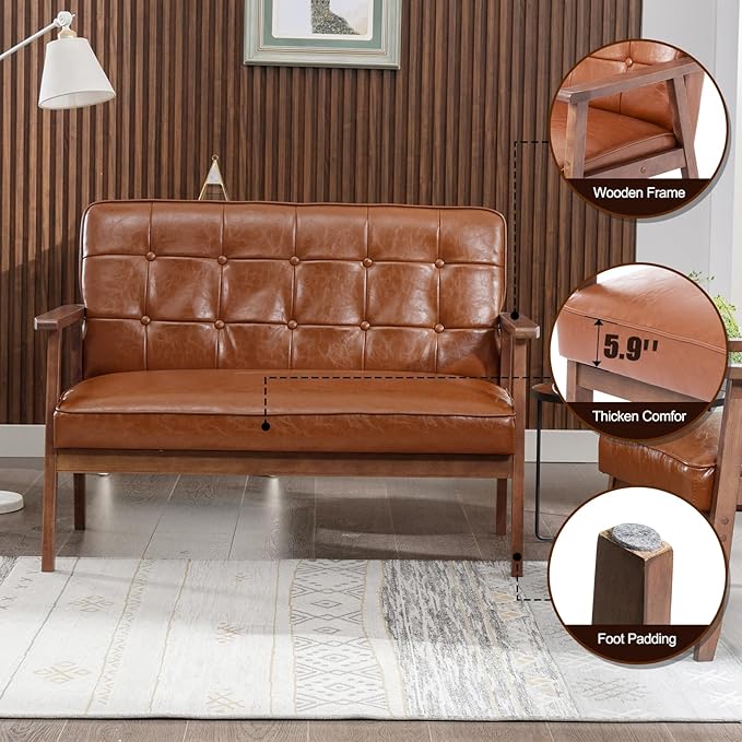 Okeysen Modern Loveseat Sofa Set,Upholstered Leather Couch Love Seats 2-Seat & Accent Chair,Living Room Furniture Sets,Small Couches for Small Spaces Living Room,Apartment,Office(Brown)