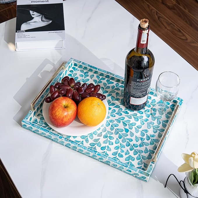 PEMAR Capiz Shell Decorative Tray with Gold Handles – 15.7"x11.8" Rectangular Display & Serving Tray for Vanity, Dresser, Bathroom (Teal Floral)