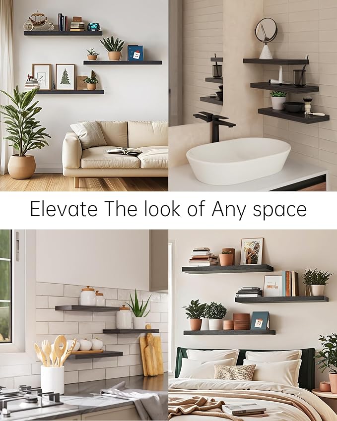 BAYKA Floating Shelves 22.5 inches, Wall Mounted Shelves Rustic Wood for Bathroom, Bedroom, Living Room, Floating Shelves for Books/Storage/Decor with 22lbs Capacity(Satin Black,Set of 3)