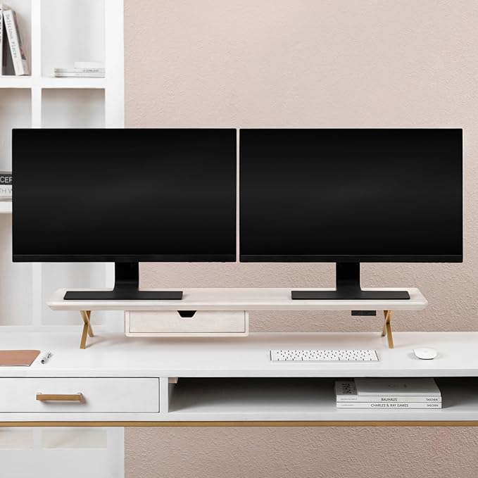 Anji Mountain Monitor Stand - Desktop Organizer & Laptop Riser, Ergonomic Monitor Riser, Space-Saving Monitor Stand for Desk, Durable Construction, Easy Assembly, Ideal for Home & Office,White Wash