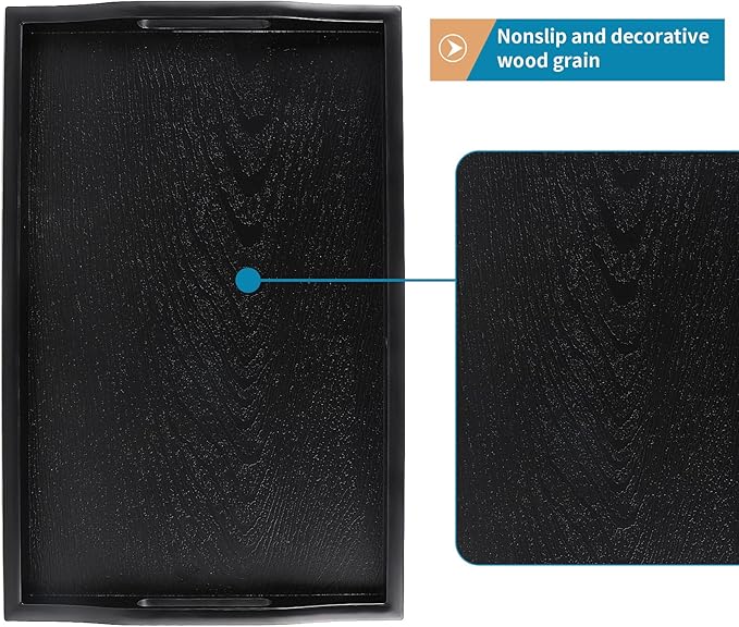 Plastic Serving Tray with Handles, 16.5" x 10.6" Rectangular Ottoman Tray for Meals, Decor or Party, Buffet, Coffee Table, Kitchen, Restaurant (Black)