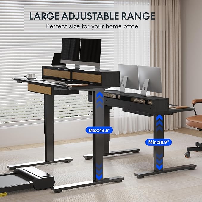 FLEXISPOT Q4 One-Piece Standing Desk with Rattan Drawers, 55 x 24 Inch Adjustable Height, Electric Stand Up Table with Monitor Shelf, Home Office Ergonomic Computer Desk with Memory Presets, Black