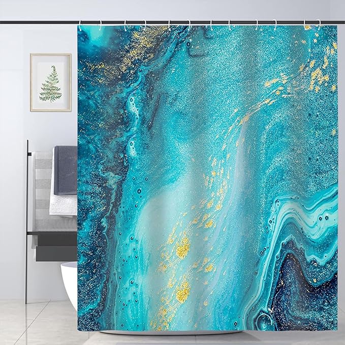 Domoku Blue Gold Marble Shower Curtain - Blue Golden Cracked Lines Abstract Modern for Bathroom Decor, Waterproof Texture Washable Fabric, 72 X 84