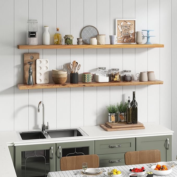 Rustic Elm Wood Floating Shelf for Wall, Flat Edge 72"W x 9.2"D x 1.4"H, 1 Pack with Invisible Bracket, Large Wall Mounted Storage Shelf for Living Room Bedroom Kitchen Bathroom Decor, Natural Finish