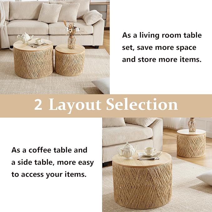 Kmax 24" Round Wood Nesting Coffee Table Set of 2 Handcraft Woven & Rope Rattan Sofa Tables Both with Storage Drum End Side Table for Small Space Living Room No Assembly Needed, Natural Color
