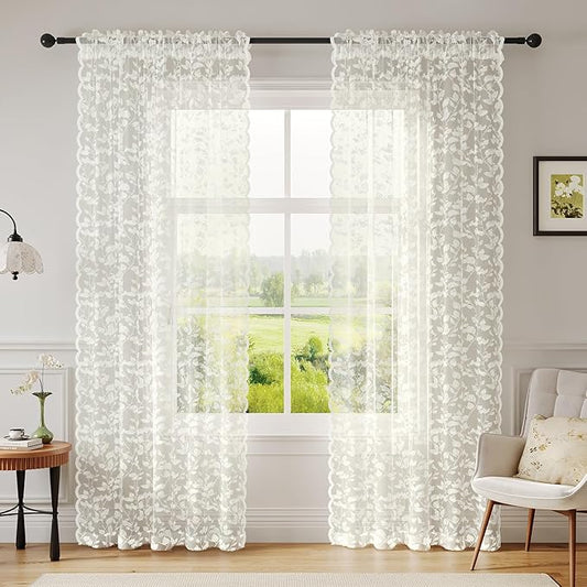 Ivory Lace Sheer Curtains 84 inches Long – Vintage Leaves Pattern Lace for Living Room/Bedroom, Light Filtering Rod Pocket Drapes, Privacy Chic Window Treatments, 52W x 84L Inch, 2-Panel Set