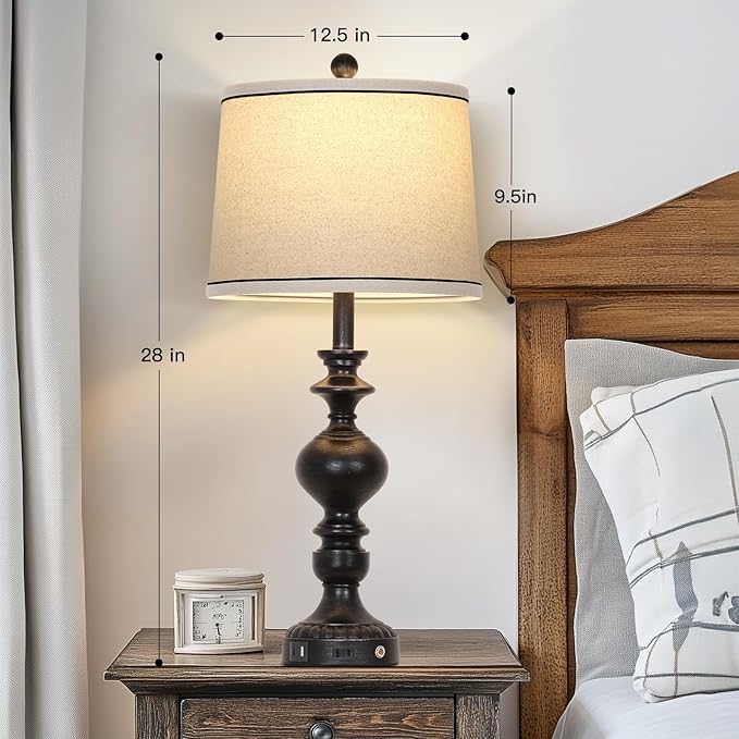 28" Black Farmhouse Table Lamps Set of 2, Rustic Lamp for Living Room with USB C+A Ports & AC Outlet, 3 Way Touch Control Resin Bedside Lamps, Retro Bedroom Lamp for Nightstand Side End Table Desk