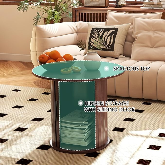 Round Wood Coffee Table 23.6IN with Hidden Storage & Sliding Door, Circle Farmhouse Side Table Sets for Living Room, Bedroom, Balcony, Small Spaces, Walnut