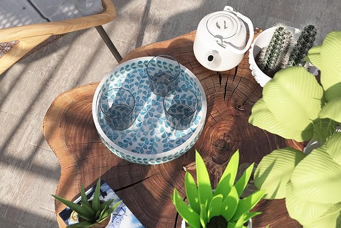 PEMAR 12.6” Mother of Pearl Round Serving Tray with Handles, Decorative Nacred Wooden Ottoman Coffee Table Tray (Teal Floral Pattern)