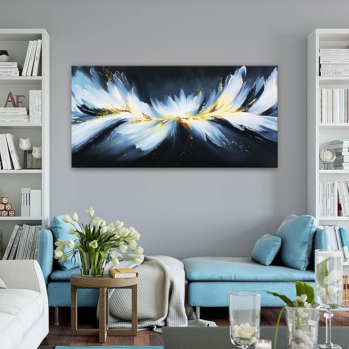 Abstract Black And Gold Wall Art Maximalist Canvas Wall Art Decor Prints Modern White Abstract Wall Decor Artwork For Living Room Bedroom Kitchen Office Artwork Ready To Hang 24" × 48"