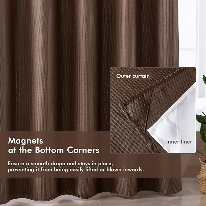 Mrs Awesome No Hook Shower Curtain with Snap-in Liner, Embossed Waffle Design Fabric Shower Curtain for Bathroom, Soft & Lightweight, 71x74, Chocolate