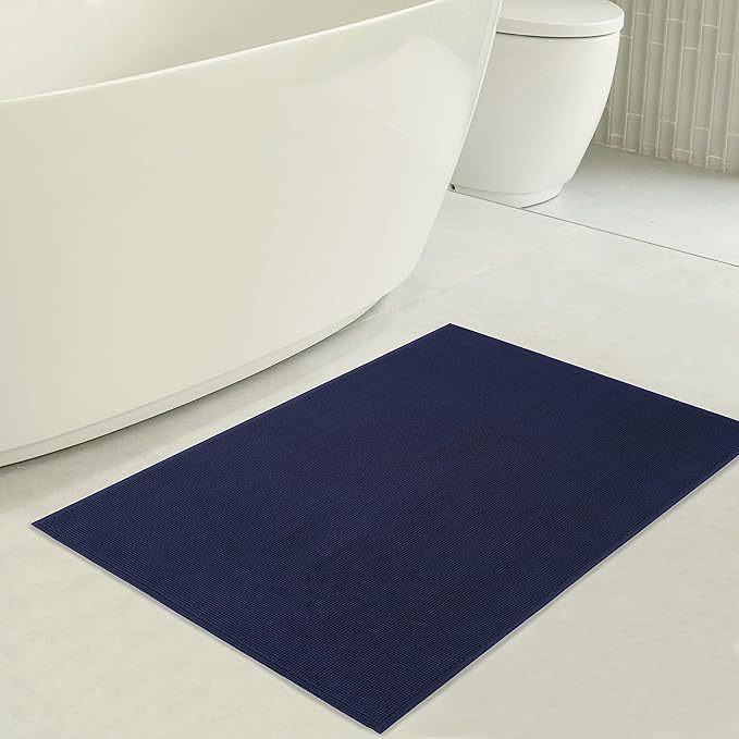 American Soft Linen Bath Rug, 17 in 24 in 100% Cotton Bath Mats Rugs for Bathroom, Slip Reducer Washable Shaggy Form Area Rugs, Navy Blue Bath Rug