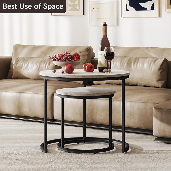 Nesting Tables Set of 2, Round Coffee Table, Small Nesting Coffee Table with Adjustable Non-Slip Fee, Wood Grain Top Nesting Tables for Living Room, Bedroom (Wood Grain Grey)