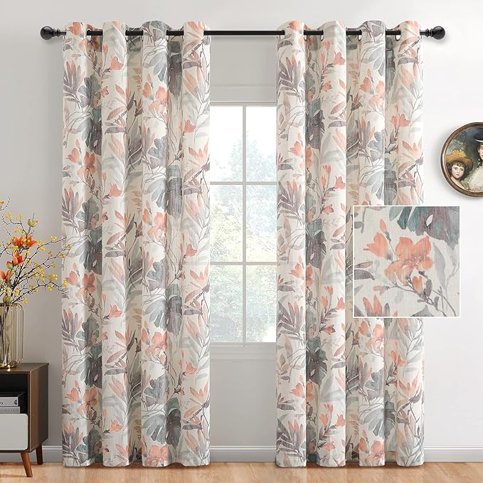 MYSKY HOME Coral Curtains 95 Inches Printed Cotton Grommet Linen Curtains for Living Room Light Filtering Curtain Burlap Effect Drape Window Treatments, 2 Panel Coral and Natural