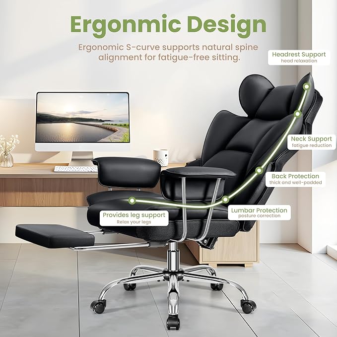 Desk Office Chair 400LBS, Executive Chair High Back Desk Chair with Footrest, Big and Tall Office Chairs with Lumbar Support, Black