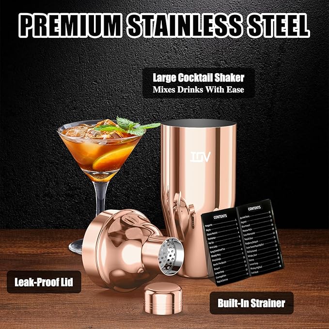 IOV Cocktail Shaker, 24 oz Martini Shaker, Drink Mixer with Built-in Strainer, Professional Stainless Steel Margarita Alcohol Shaker with Cocktail Recipe Guide, Bartender Kit Gifts, Rose Gold