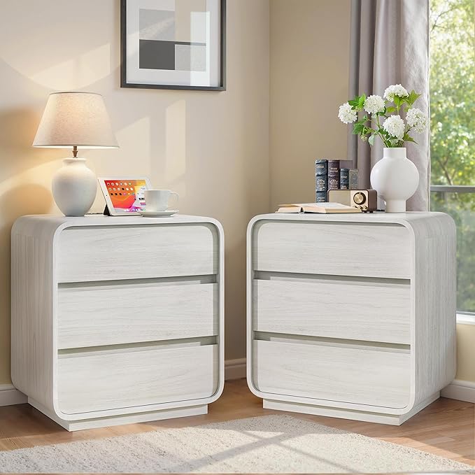 White Nightstand Set of 2 with Charging Station, 23.2" Wide Wood Bedside Table, Modern End Table with 3 Storage Drawers, Curved Profile, Mid Century Night Stand for Bedroom Dorm Office