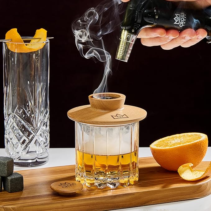 Whiskey Smoker Kit - Premium Cocktail Smoker Kit with Torch, 6 Flavors of Wood Chips, Whiskey Stones, Filters, Durable Old Fashion Smoker Kit, Ideal for Whiskey Lovers (No Butane)