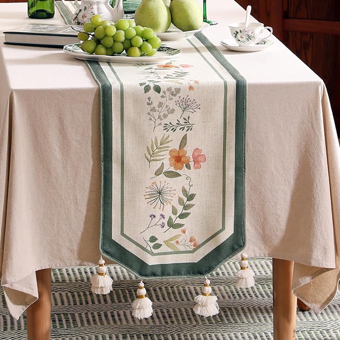 Designer Linen Table Runner,French Farmhouse Shabby Chic Floral Pattern 87 Inches Long Wrinkle Free Table Runners,Decor Tabletop for Kitchen,Dining,Party,Home,Christmas,12"*87"