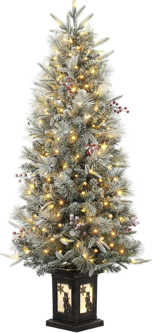 GarveeHome 4.5ft Pre-Lit Flocked Artificial Christmas Tree with Pine Cones, Artificial Xmas Tree w/ 386 Branch Tips & 200 Lights, Snowman Base for Home, Party Decoration,1 PCS
