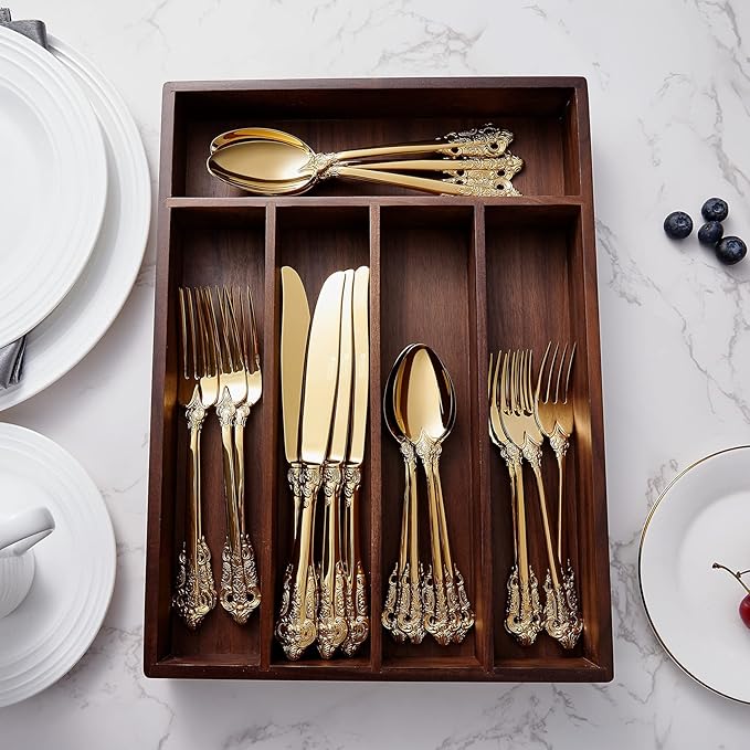 KEAWELL Luxury 20 Pieces 18/10 Stainless Steel Flatware set, Service for 4, silver plated with gold accents, Fine Silverware set and Dishwasher Safe (Gold)