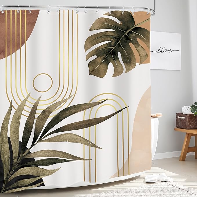 Glawry Boho Brown Shower Curtain 60Wx72L Inches, Abstract Bohemian Mid Century Bathroom Curtains, Plant Botanical Palm Leaf Shower Curtain Set Bath Accessories Fabric Waterproof 12 Hooks
