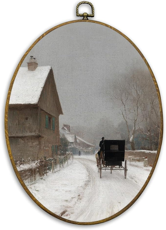 CUANFDDSF Rustic Winter Scene Oval Wall Art Decor, Snowy Winter Country Landscape Wall Hanging Decor, Cozy Farmhouse Xmas Holiday Framed Canvas Prints for Home Bedroom Living Room, 8.6x11.4 Inch