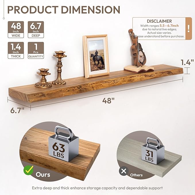 Marsmiles 48 inch Floating Shelves for Wall Elm Wood Live Edge Shelves Wall Mounted|Rustic Long Floating Shelves with Invisible Bracket for Bathroom Living Room Kitchen|Natural, 1 Pack