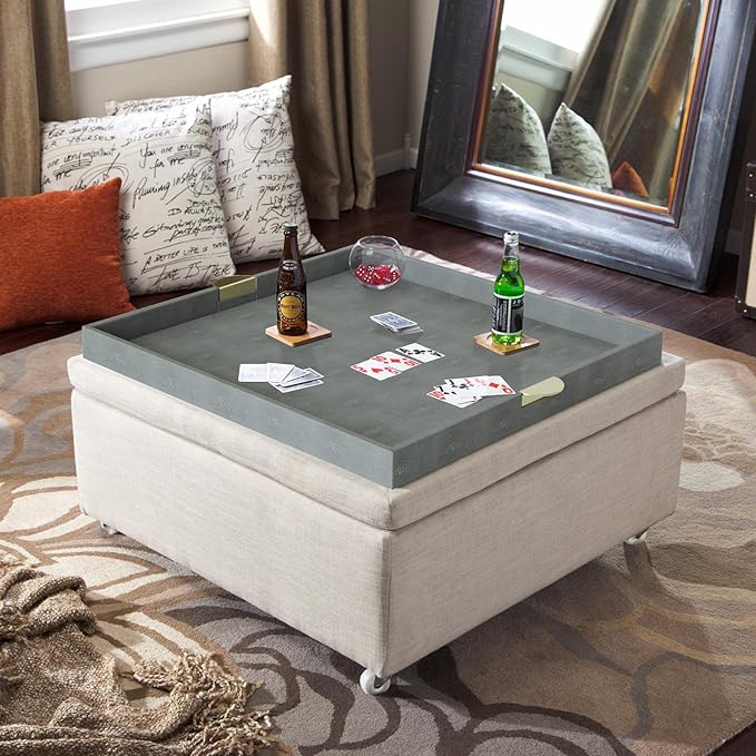 HofferRuffer Extra Large Square Serving Tray, Elegant Faux Leather Ottoman Tray with Gold Hardware Handles, Serve Tea, Coffee or Breakfast in Bed, 23.6 x 23.6 inches (Large Square)