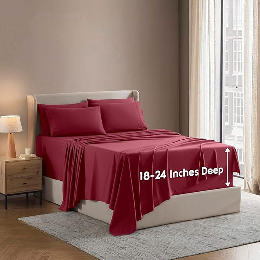 Nestl Extra Deep Twin Sheet Set - 4 Piece Breathable & Cooling Sheets - Hotel Luxury Bedding Set w/18-24 Inch Deep Pockets - Easy & Secure Fit - Super Soft, Wrinkle Free & Comfy - Burgundy Red