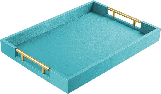 17" x 12" Wood Serving Tray with Gold Polished Metal Handles, Home Decorative Wooden Rectangle Ottoman Leather Decor Platter Bathroom Vanity Tray for All Occasions Blue