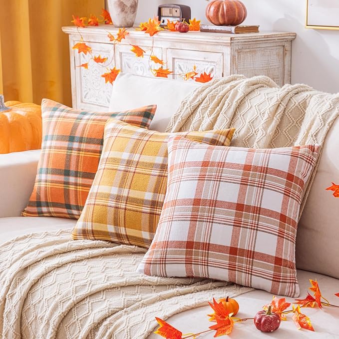 Fall Plaid Orange White Throw Pillow Covers 20x20 Inch, Set of 2 Autumn Decorative Throw Pillows for Couch Sofa Bed Living Room Home Decor, Accent Pillow Cases for Farmhouse Couch Cushion Covers