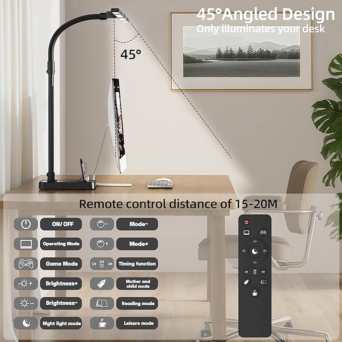 Office Home Desk Lamp,24W Super Bright Eye-Care Desk Lamp,Adjustable Gooseneck Office LED Task Light with Soft Non-Glare Lighting,Suitable for Studying,Reading (Black) (Plus)