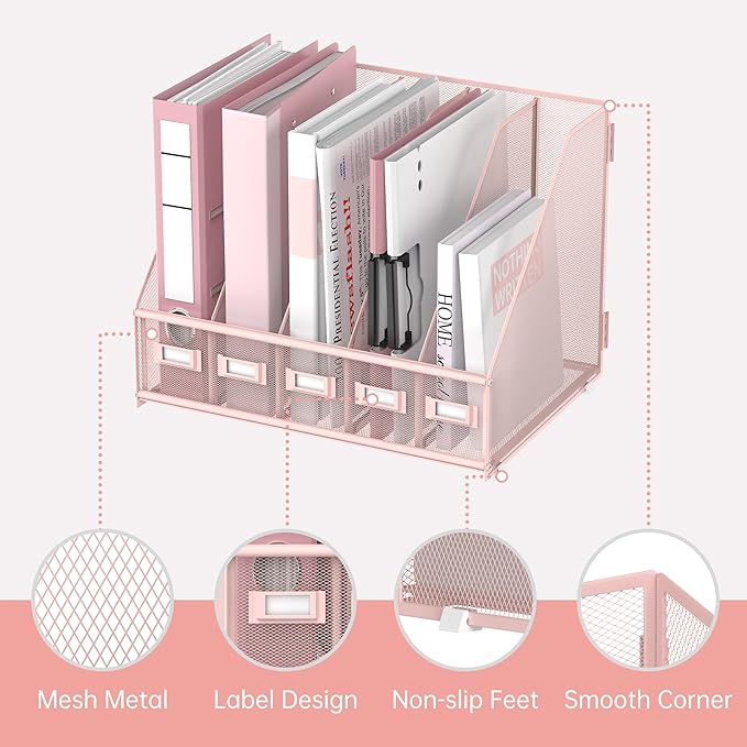 SUPEASY Desk Organizers Metal Desk Magazine File Holder with 5 Vertical Compartments Rack File Organizer for Office Desktop, Home Workspace, Pink Plus