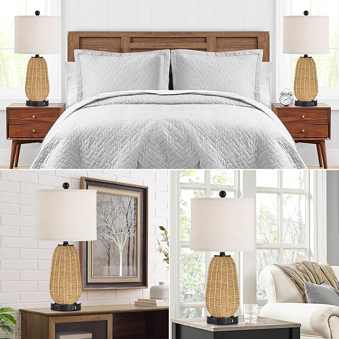 Touch Control Rattan Table Lamps, 3 Way Dimmable Bedside Lamps for Bedroom Set of 2 with 2 USB Ports and AC Outlet, Grass Rope Nightstand Lamps for Living Room Office (2 LED Bulbs Included)