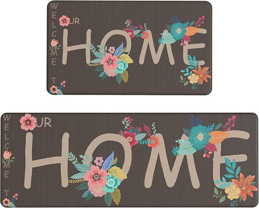GENIMO Anti Fatigue Kitchen Mats for Floor, Non Slip Washable Home Theme Rugs Sets of 2, Farmhouse Cushioned Waterproof Comfort Runner Rug for Kitchen, Sink, Desk, Laundry, 17"x 47"+17"x 30", Coffee